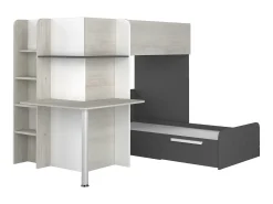 Beliche de canto 2 x 90 x 190 cm com secretária cinzento, branco e preto + colchão - SAMUEL