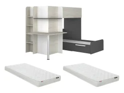 Beliche de canto 2 x 90 x 190 cm com secretária cinzento, branco e preto + colchão - SAMUEL