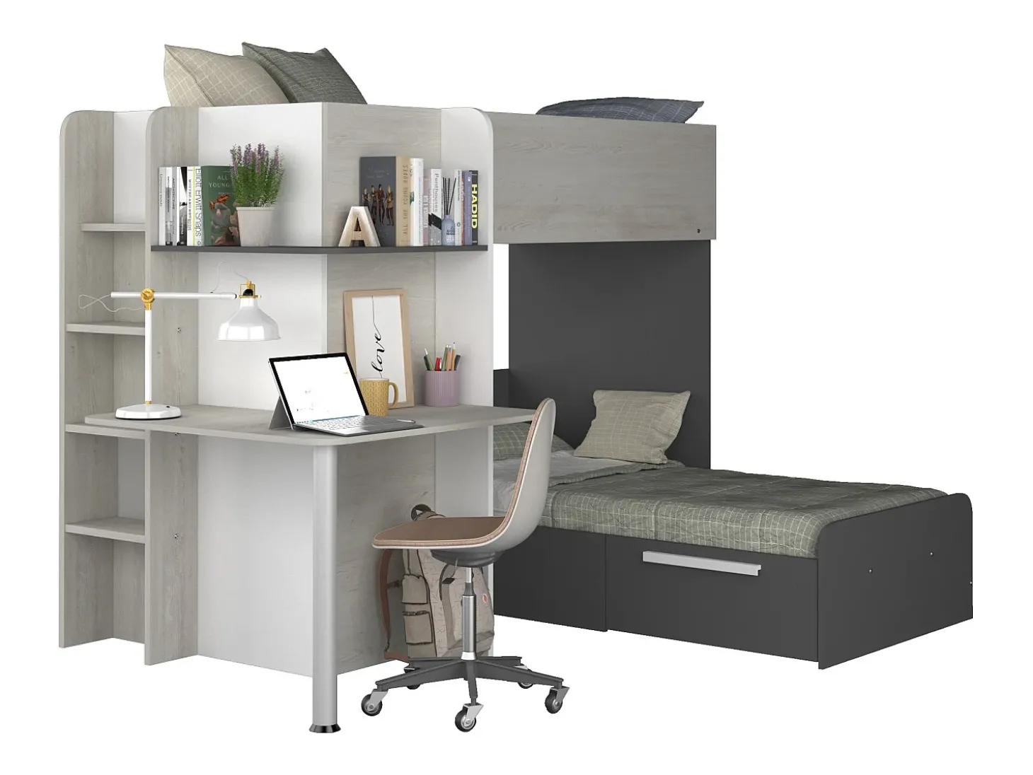 Beliche de canto 2 x 90 x 190 cm com secretária cor cinza, branco e preto - SAMUEL
