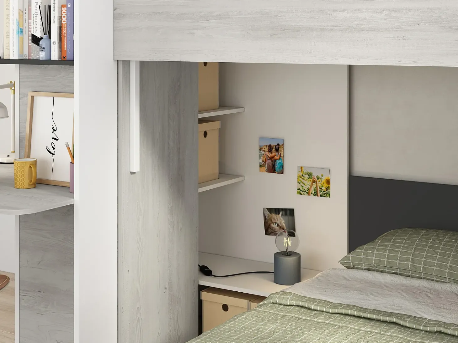 Beliche de canto 2 x 90 x 190 cm com secretária cor cinza, branco e preto - SAMUEL