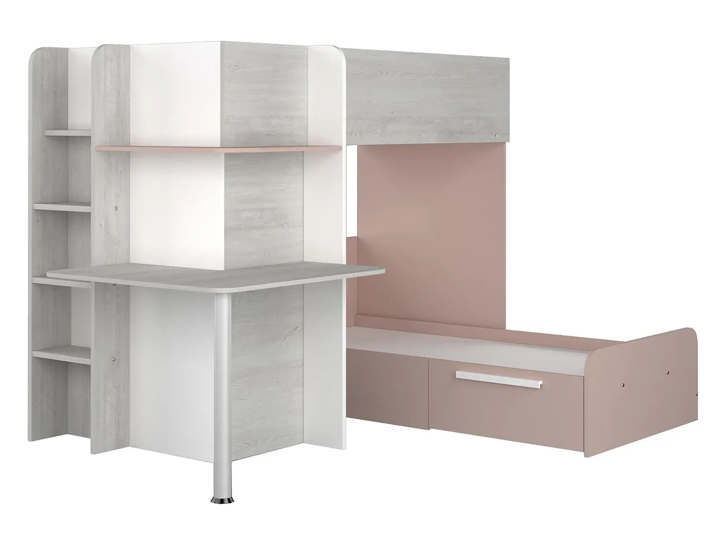 Beliche de canto 2 x 90 x 190 cm com secretária cinzento, branco e cor-de-rosa - SAMUEL