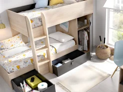 Beliche de canto modular com espaços de arrumação e colchão 2x90x190 cm Carvalho e antracite RICARDO