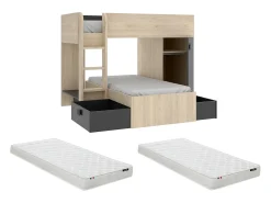 Beliche de canto modular com espaços de arrumação e colchão 2x90x190 cm Carvalho e antracite RICARDO