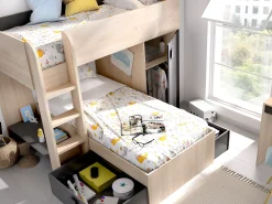 Beliche de canto modular com espaços de arrumação e colchão 2x90x190 cm Carvalho e antracite RICARDO