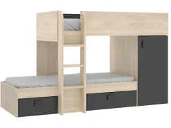 Beliche de canto modular com espaços de arrumação e colchão 2x90x190 cm Carvalho e antracite RICARDO