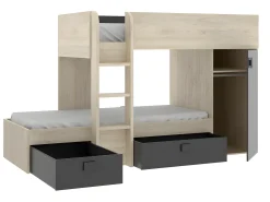 Beliche de canto modular com espaços de arrumação e colchão 2x90x190 cm Carvalho e antracite RICARDO