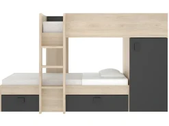 Beliche de canto modular com espaços de arrumação e colchão 2x90x190 cm Carvalho e antracite RICARDO