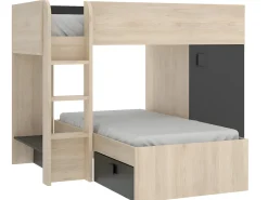 Beliche de canto modular com espaços de arrumação e colchão 2x90x190 cm Carvalho e antracite RICARDO