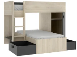 Beliche de canto modular com espaços de arrumação e colchão 2x90x190 cm Carvalho e antracite RICARDO