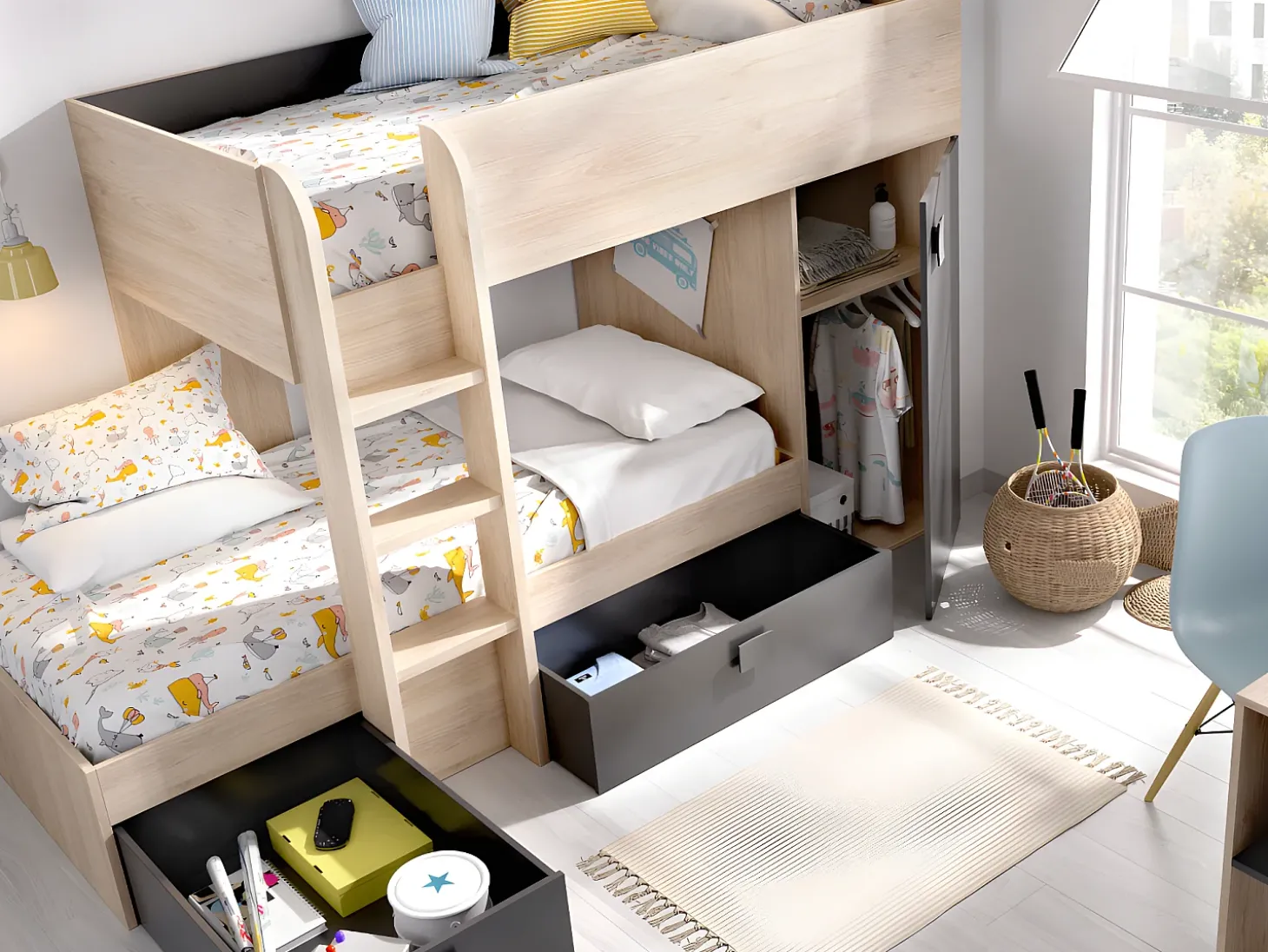 Beliche de canto modular 2x90x190 cm. Cor carvalho e antracite. RICARDO