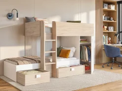 Beliche de canto modular com espaços de arrumação 2x90x190 cm. Carvalho e branco. RICARDO