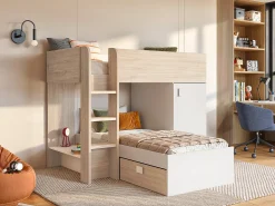 Beliche de canto modular com espaços de arrumação 2x90x190 cm. Carvalho e branco. RICARDO