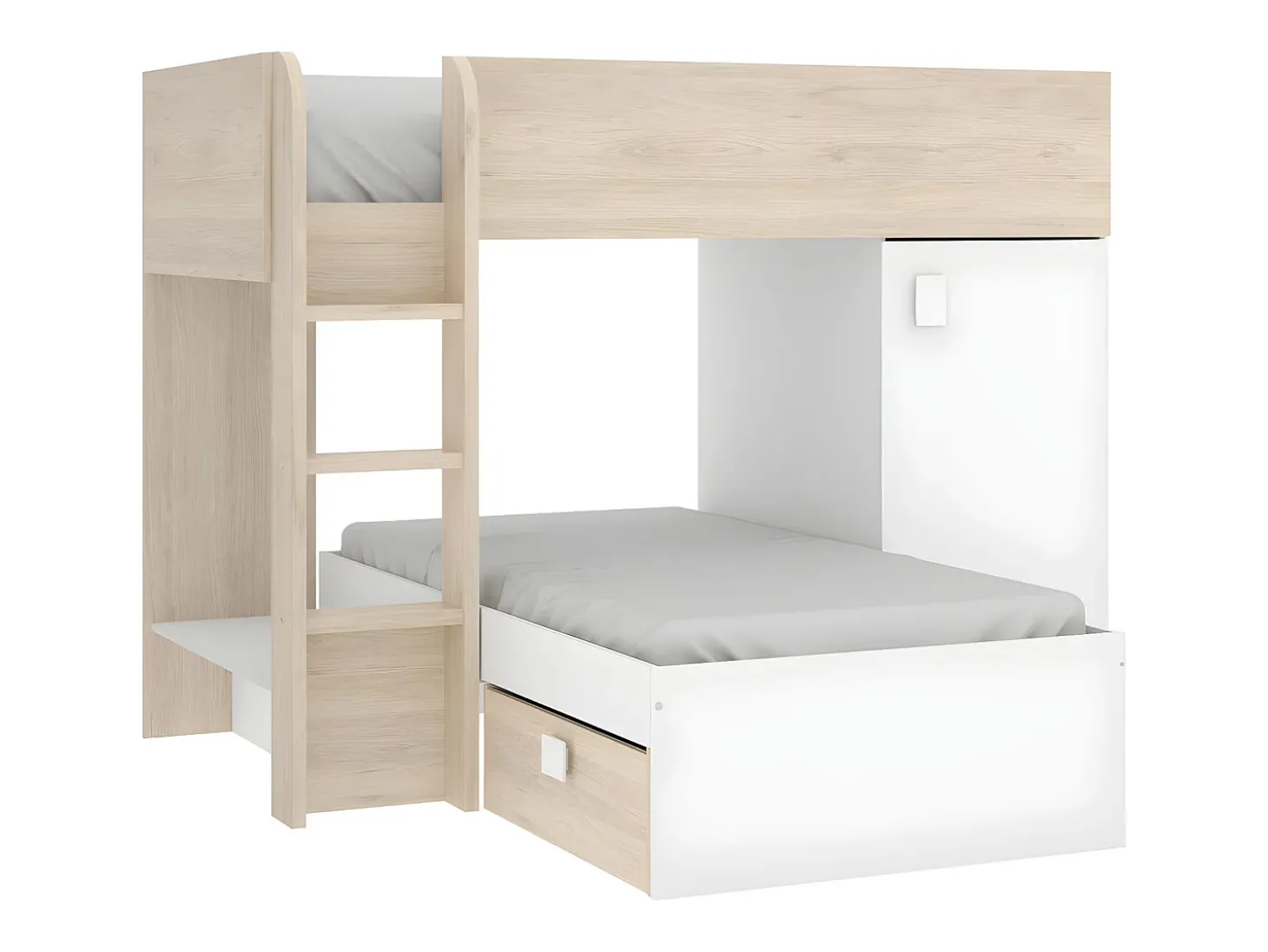 Beliche de canto modular com espaços de arrumação 2x90x190 cm. Carvalho e branco. RICARDO