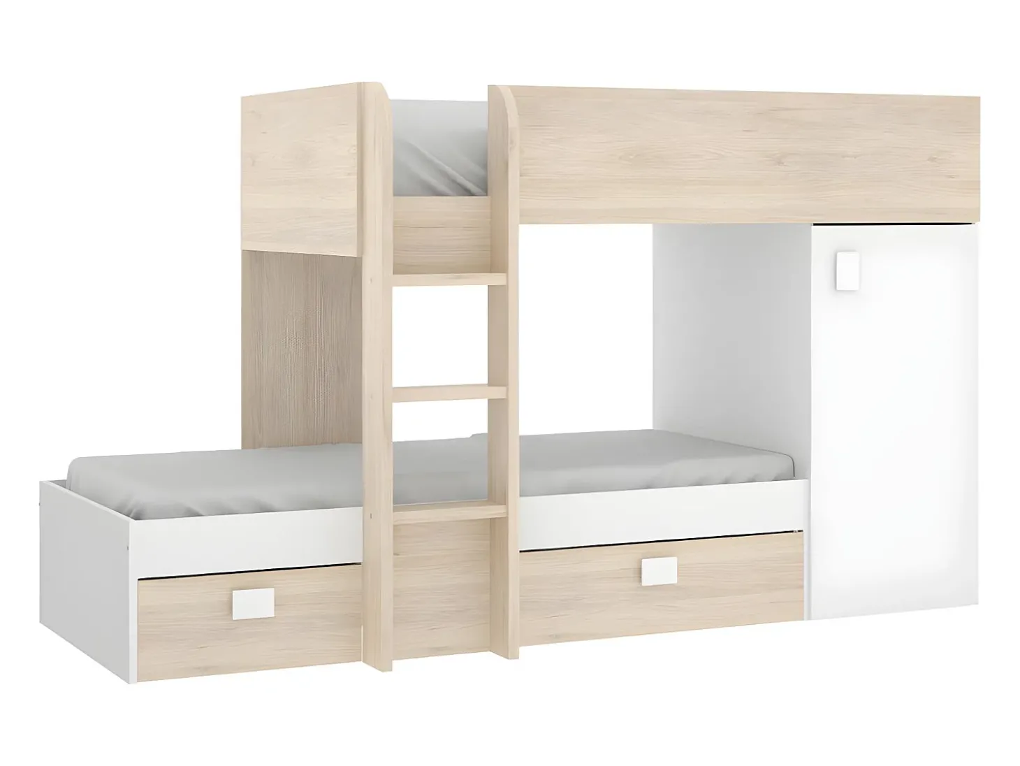 Beliche de canto modular com espaços de arrumação 2x90x190 cm. Carvalho e branco. RICARDO