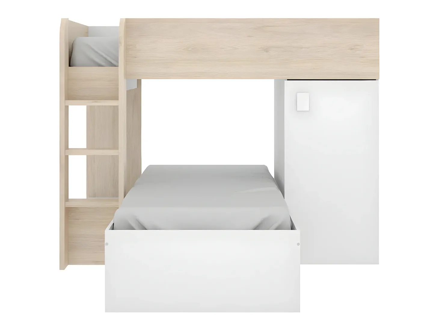 Beliche de canto modular com espaços de arrumação 2x90x190 cm. Carvalho e branco. RICARDO