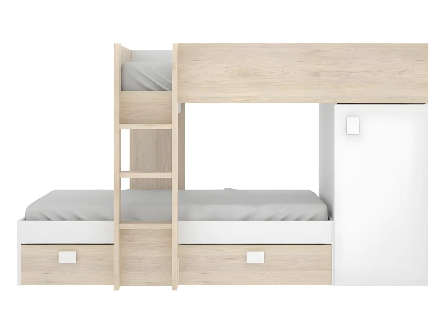 Beliche de canto modular com espaços de arrumação 2x90x190 cm. Carvalho e branco. RICARDO
