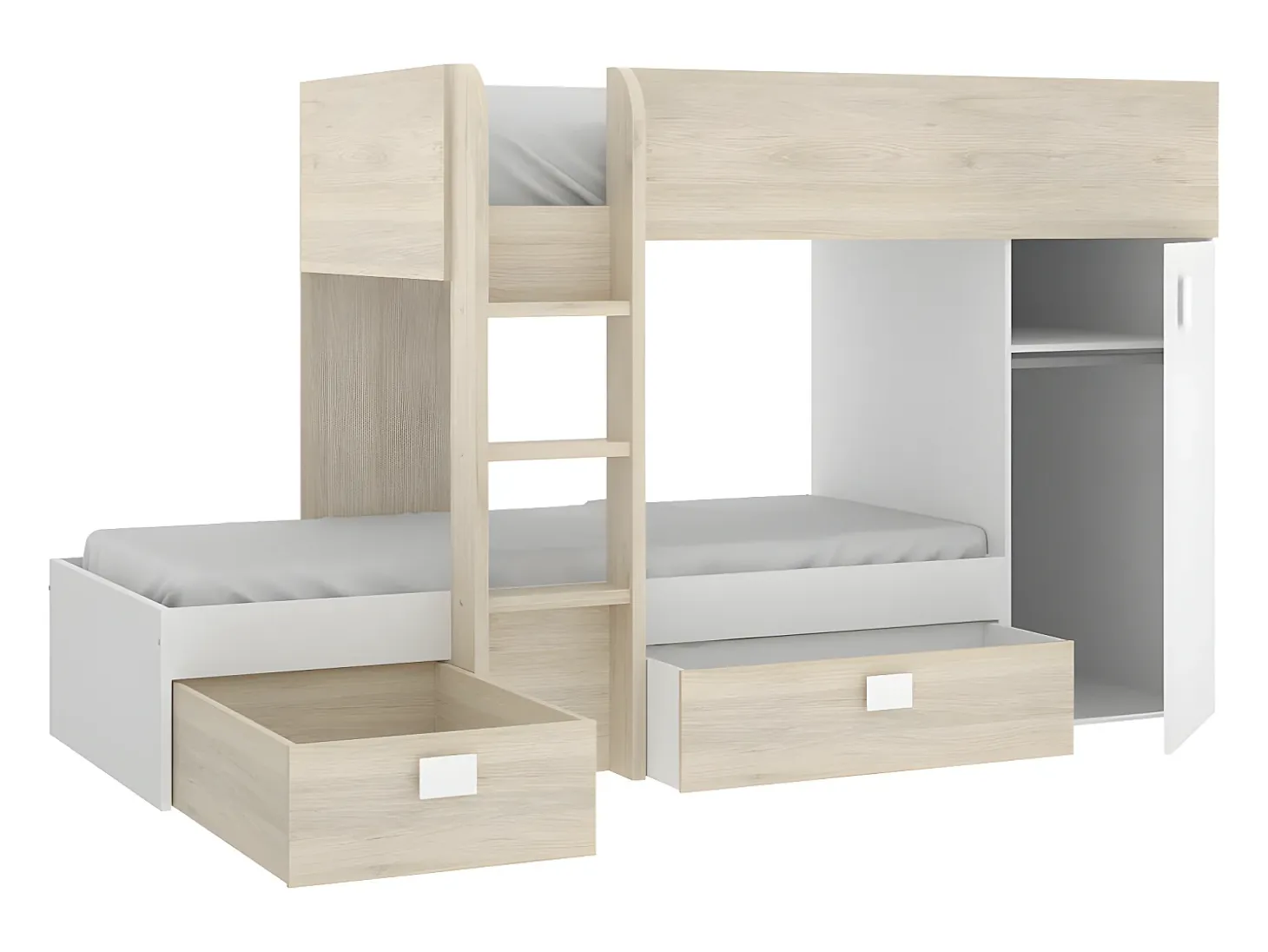 Beliche de canto modular com espaços de arrumação 2x90x190 cm. Carvalho e branco. RICARDO