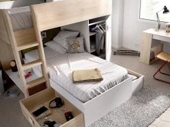 Beliche de canto modular com espaços de arrumação 2x90x190 cm. Carvalho e branco. RICARDO