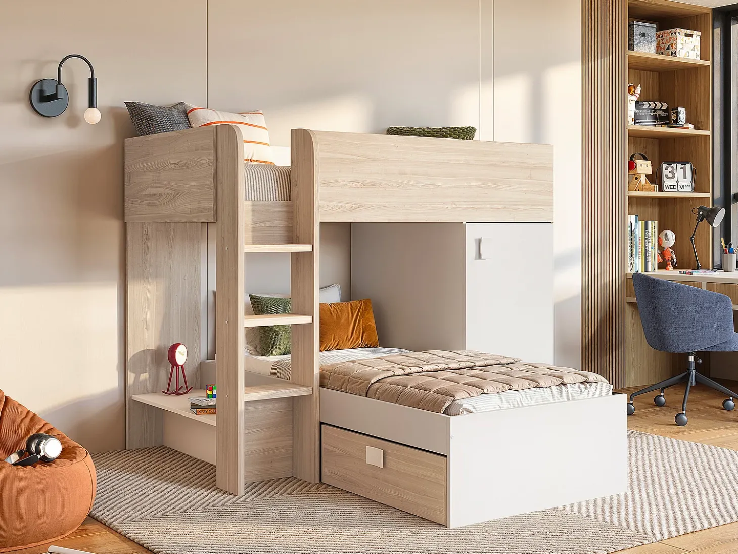 Beliche de canto modular com espaços de arrumação e colchão 2x90x190 cm Carvalho e branco. RICARDO