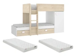 Beliche de canto modular com espaços de arrumação e colchão 2x90x190 cm Carvalho e branco. RICARDO
