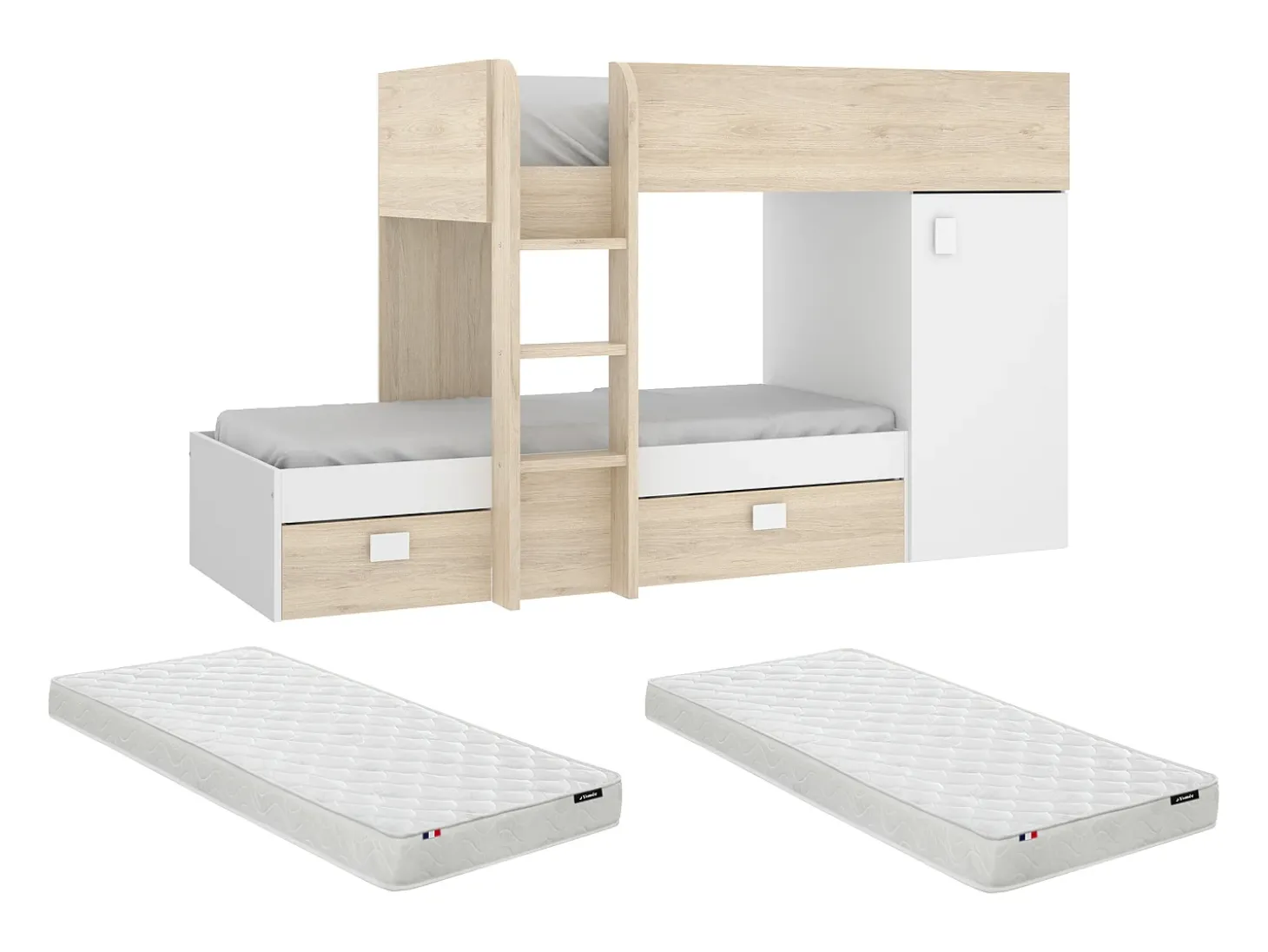 Beliche de canto modular com espaços de arrumação e colchão 2x90x190 cm Carvalho e branco. RICARDO