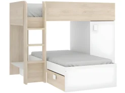 Beliche de canto modular com espaços de arrumação e colchão 2x90x190 cm Carvalho e branco. RICARDO