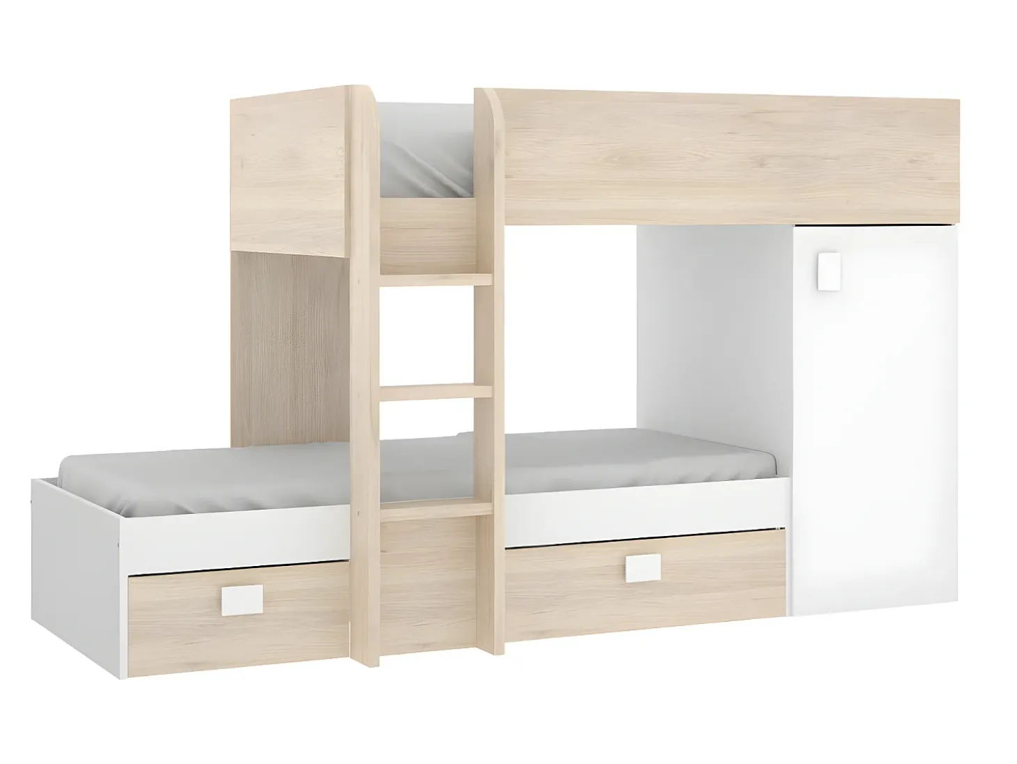Beliche de canto modular com espaços de arrumação e colchão 2x90x190 cm Carvalho e branco. RICARDO