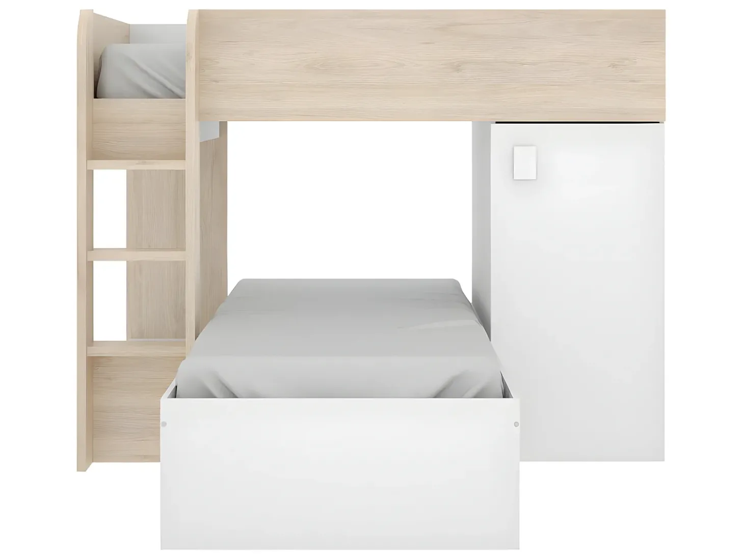 Beliche de canto modular com espaços de arrumação e colchão 2x90x190 cm Carvalho e branco. RICARDO