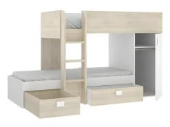 Beliche de canto modular com espaços de arrumação e colchão 2x90x190 cm Carvalho e branco. RICARDO