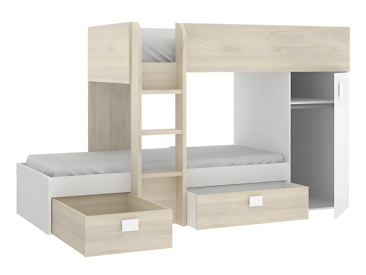 Beliche de canto modular com espaços de arrumação e colchão 2x90x190 cm Carvalho e branco. RICARDO