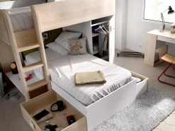 Beliche de canto modular com espaços de arrumação e colchão 2x90x190 cm Carvalho e branco. RICARDO