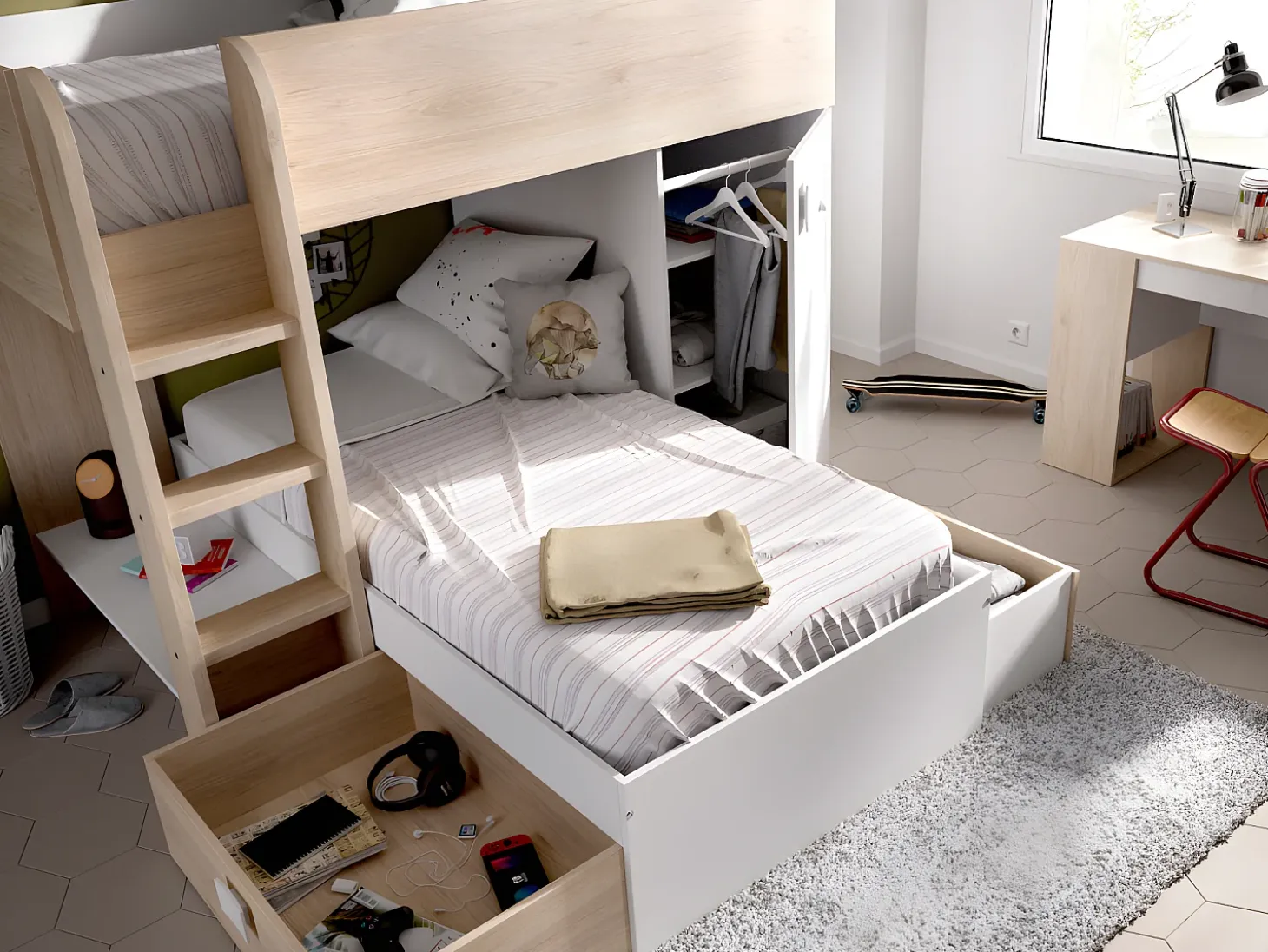 Beliche de canto modular com espaços de arrumação e colchão 2x90x190 cm Carvalho e branco. RICARDO