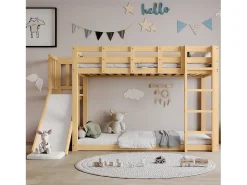 Beliche de madeira - 2 x 90 x 200 cm - com escada e grades de proteção + cortina + escorregador - MDF + pinho - cor natural
