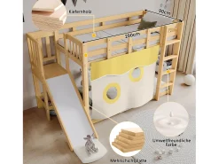 Beliche de madeira - 2 x 90 x 200 cm - com escada e grades de proteção + cortina + escorregador - MDF + pinho - cor natural