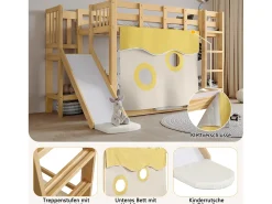 Beliche de madeira - 2 x 90 x 200 cm - com escada e grades de proteção + cortina + escorregador - MDF + pinho - cor natural