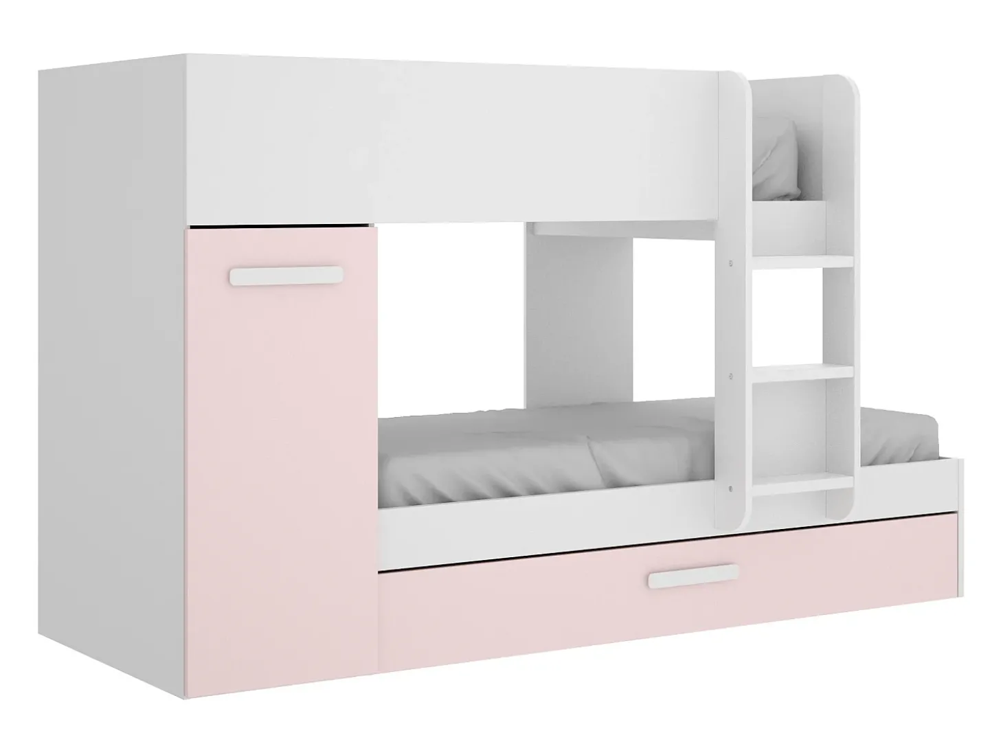 Beliche e armário 3 x 90 x 190 cm branco, natural e rosa com colchões. ANTHONY