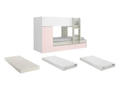 Beliche e armário 3 x 90 x 190 cm branco, natural e rosa com colchões. ANTHONY