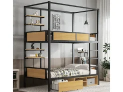 Beliche, em ferro, com duas prateleiras de arrumação, barreiras de segurança e escada, espaço de arrumação debaixo da cama, preto + natural.