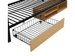 Beliche, em ferro, com duas prateleiras de arrumação, barreiras de segurança e escada, espaço de arrumação debaixo da cama, preto + natural.