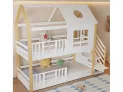 Beliche em madeira de pinho e MDF - com escada de arrumação - 90x200 cm - Branco e Natural