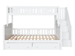 Beliche em madeira maciça 90x200+140x200cm - com escada de arrumação e 2 gavetas - 2 bases de ripas - Branco