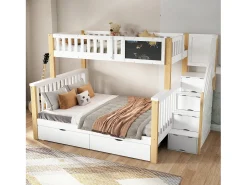 Beliche em madeira maciça com gavetas e escada de arrumação - 90x200cm + 140x200cm - Branco e Natural