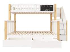 Beliche em madeira maciça com gavetas e escada de arrumação - 90x200cm + 140x200cm - Branco e Natural