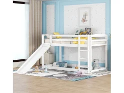 Beliche em pinho com barreiras anti-queda + escada + escorrega - 90x200cm - Branco