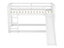 Beliche em pinho com barreiras anti-queda + escada + escorrega - 90x200cm - Branco
