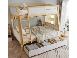 Beliche infantil - 90 x 200 cm + 120 x 200 cm - com 3 gavetas + cerca - pinho + MDF - branco + natural