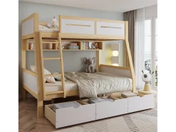 Beliche infantil - 90 x 200 cm + 120 x 200 cm - com 3 gavetas + cerca - pinho + MDF - branco + natural