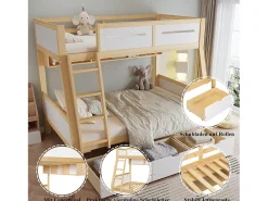 Beliche infantil - 90 x 200 cm + 120 x 200 cm - com 3 gavetas + cerca - pinho + MDF - branco + natural