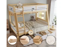 Beliche infantil - 90 x 200 cm + 120 x 200 cm - com 3 gavetas + cerca - pinho + MDF - branco + natural