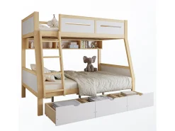 Beliche infantil - 90 x 200 cm + 120 x 200 cm - com 3 gavetas + cerca - pinho + MDF - branco + natural